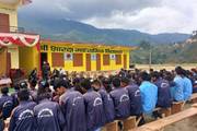 Students of Shree Sharada Secondary School gathered for a program at the school's premises.