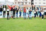 Enthusiastic students capturing a joyful moment on the college premises.