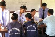 Students of Saraswati Secondary School are participating in a health check-up program organized by the Nepal Red Cross Society.