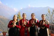 Students in traditional attire during an educational tour to Pokhara.