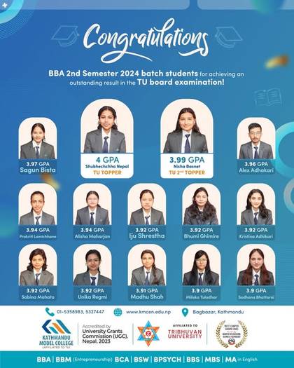 Historic Achievement of Kathmandu Model College: Nepal First and Second in BBA; 12 Students Score Above 3.9 GPA