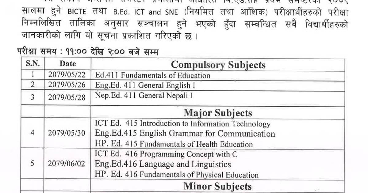 BICTE and BEd (ICT and SNE) First Semester Exam Schedule Tribhuvan