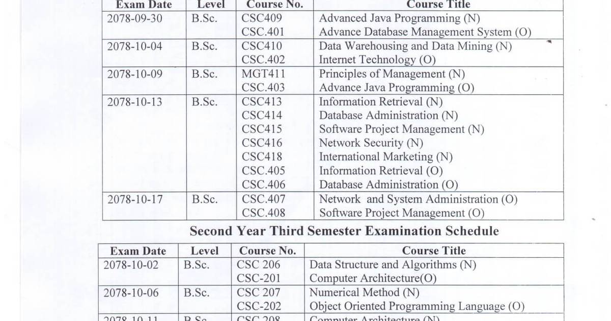BSc CSIT Third And Seventh Semester Examination Schedule Tribhuvan 