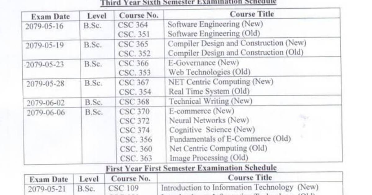 BSc CSIT First And Sixth Semesters Examination Schedule Tribhuvan 