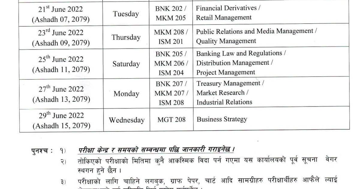 BBA, BIM, BPA, BMS, and BTTM Eighth Semester Exam Schedule Tribhuvan