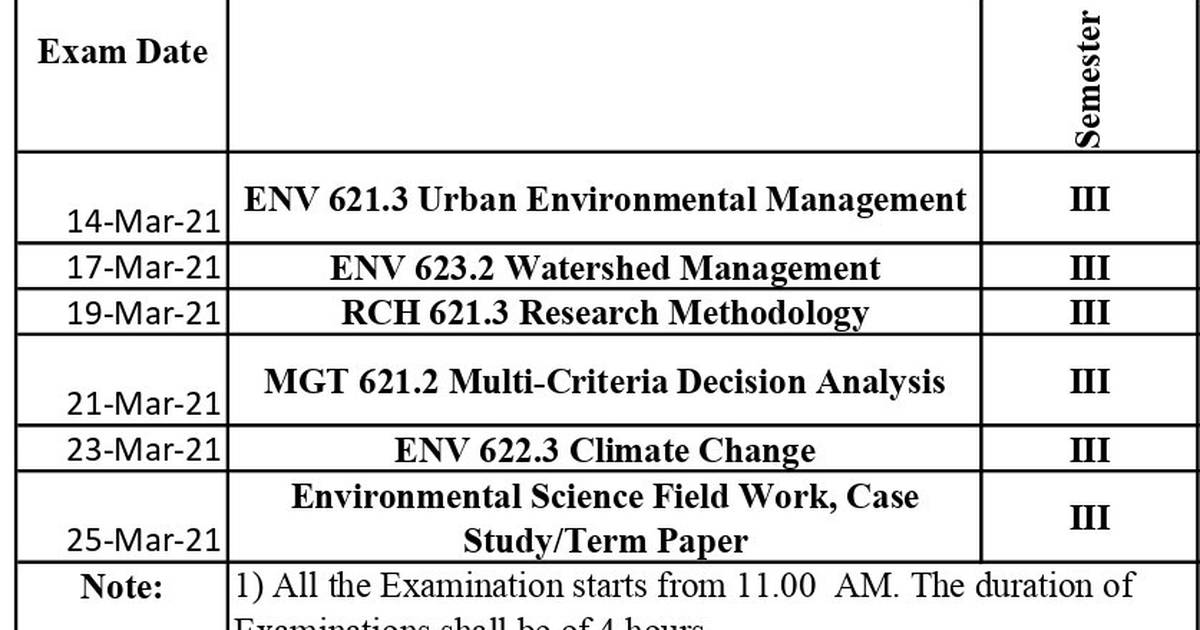 M.Sc. Environmental Management Semester-End Examination Schedule