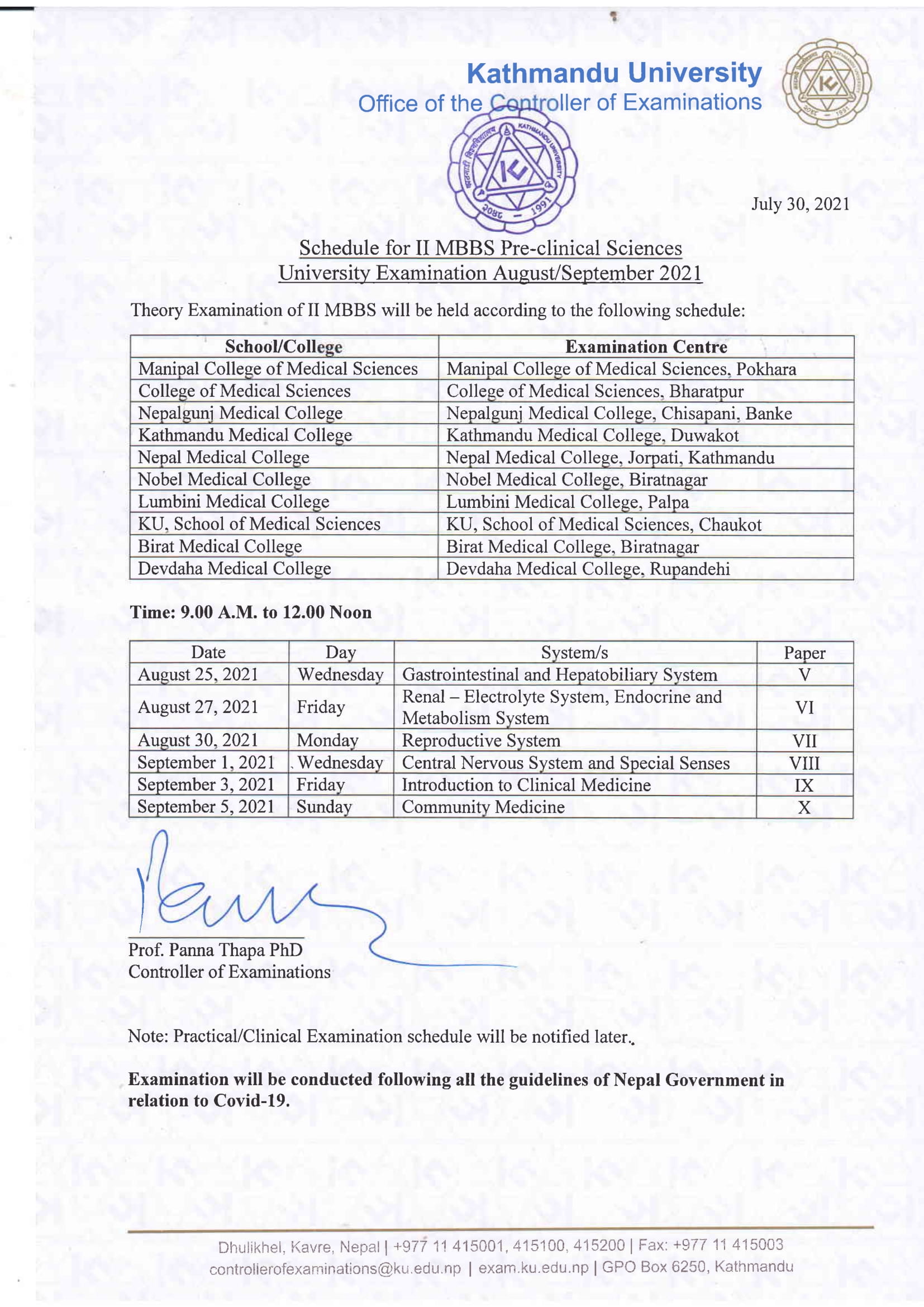 Examination Schedule For I II III And Final Year MBBS Program New