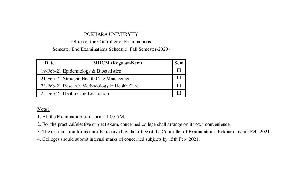 Pokhara University MHCM Third Semester 2020 Examination Routine - Edusanjal Pokhara University MHCM Third Semester 2020 Examination Routine - Edusanjal